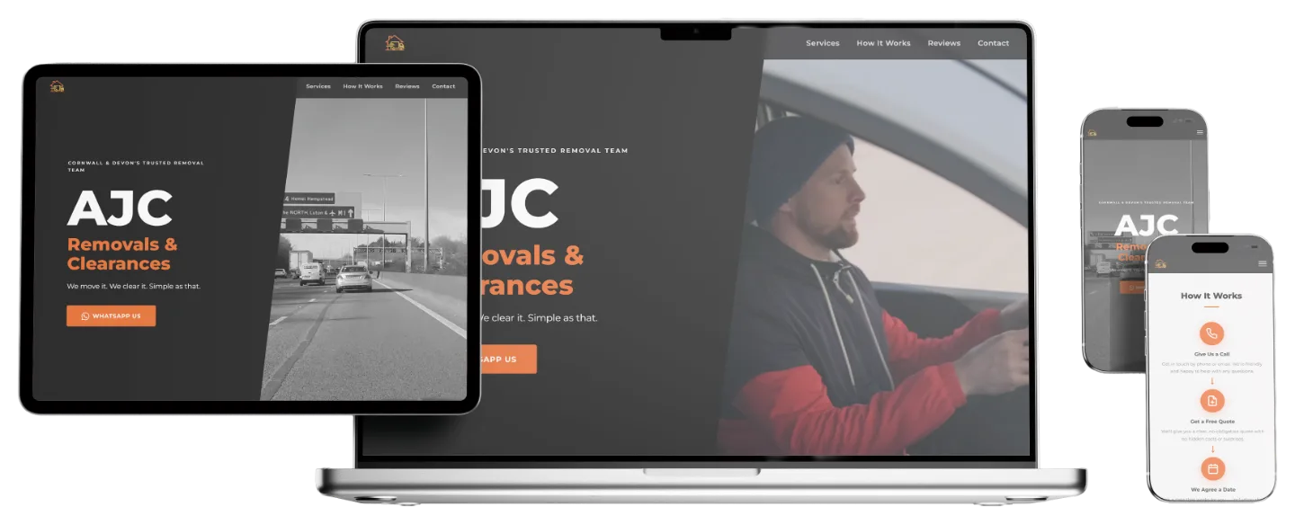 The AJC Removals & Clearances website shown together on a laptop, a tablet and two phones