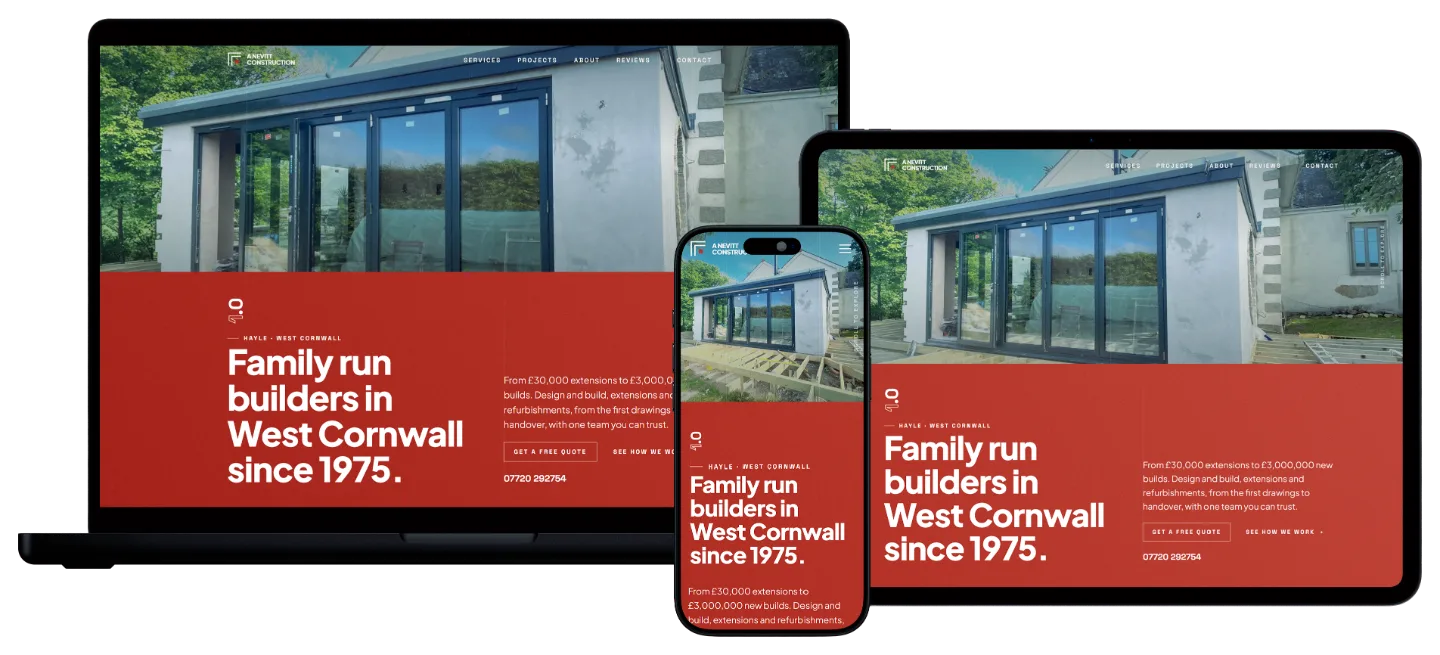 The A Nevitt Construction website shown together on a laptop, a tablet and a phone